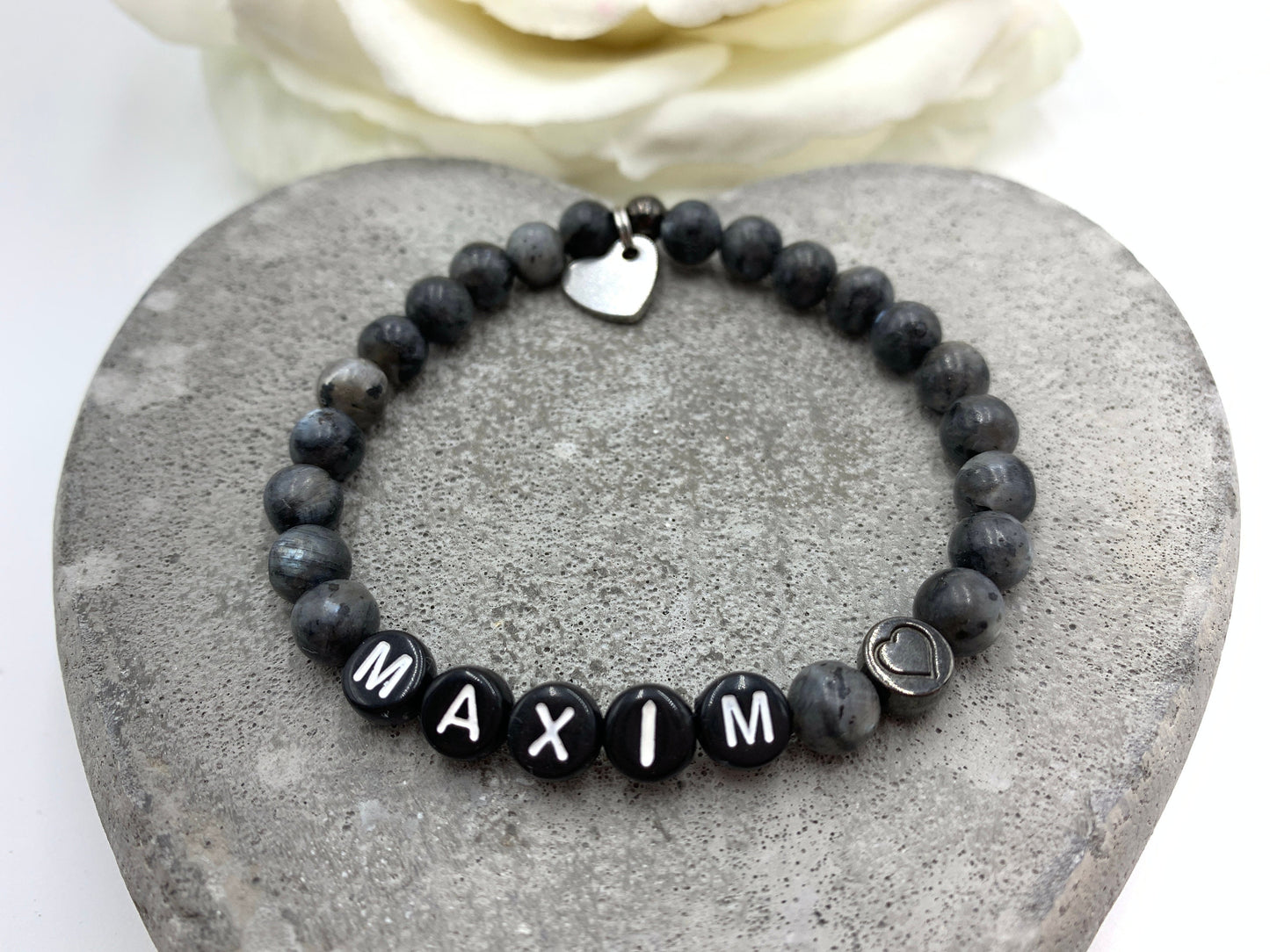 Perlenarmband Labradorit mit Namen - Herz DQ - Geschenk Geburt Mama Liebe Freundschaft Lieblingsmensch - personalisierbar Wunschedelstein