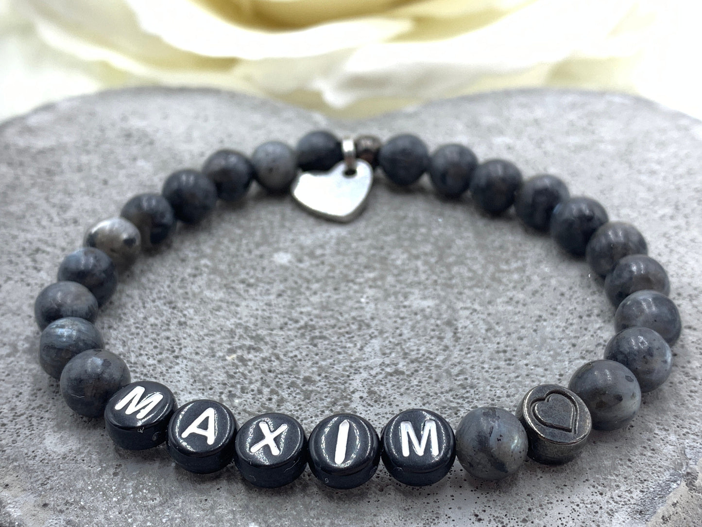 Perlenarmband Labradorit mit Namen - Herz DQ - Geschenk Geburt Mama Liebe Freundschaft Lieblingsmensch - personalisierbar Wunschedelstein