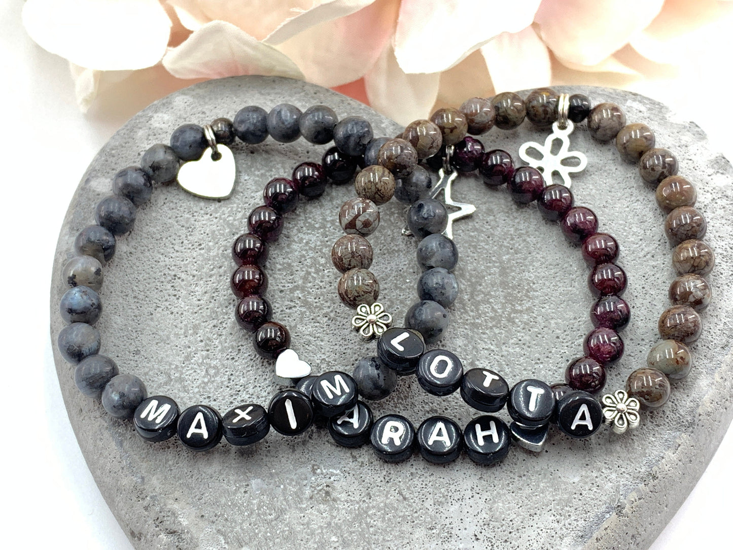 Perlenarmband Labradorit mit Namen - Herz DQ - Geschenk Geburt Mama Liebe Freundschaft Lieblingsmensch - personalisierbar Wunschedelstein