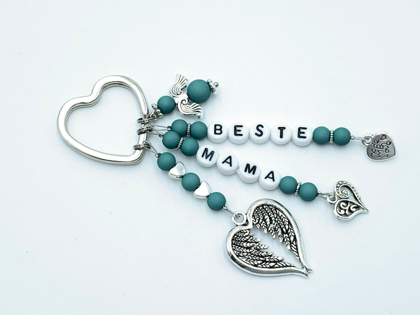 Schlüsselanhänger Beste Mama Perlen Acryl Dunkeltürkis - Geschenk Mutter Großmutter Geburt Liebe - personalisierbar echte Edelsteine möglich