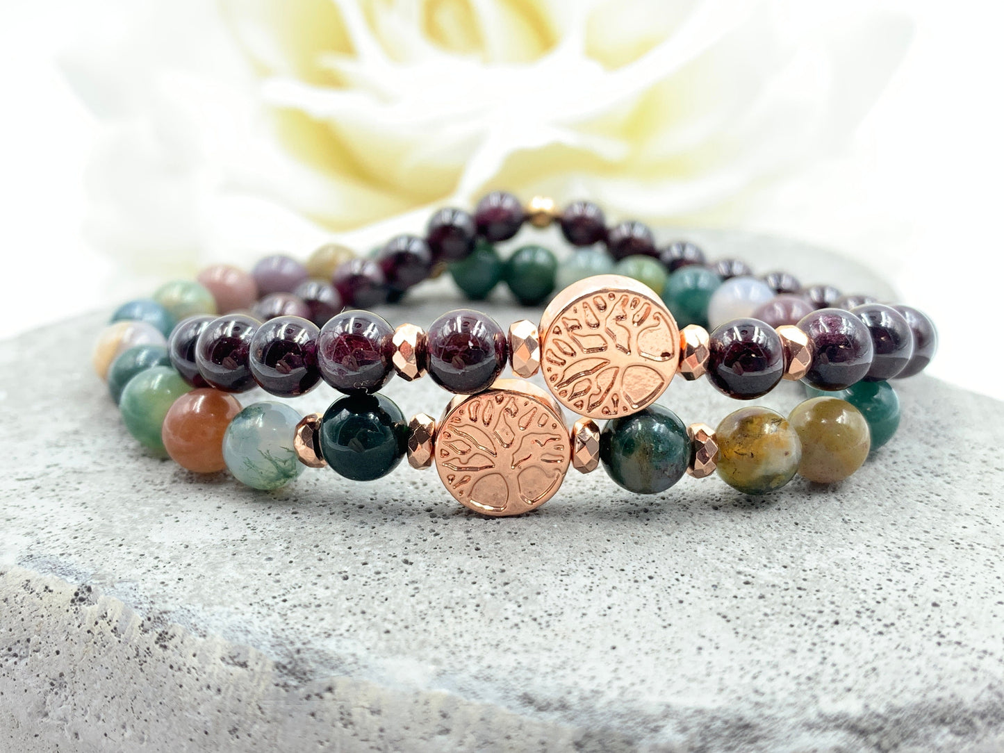 Perlenarmband Indischer Achat Lebensbaum Hämatit Roségold - Gunmetal Dunkelsilber Silber - spirituelles Armband Wachstum Ganzheit Erdung