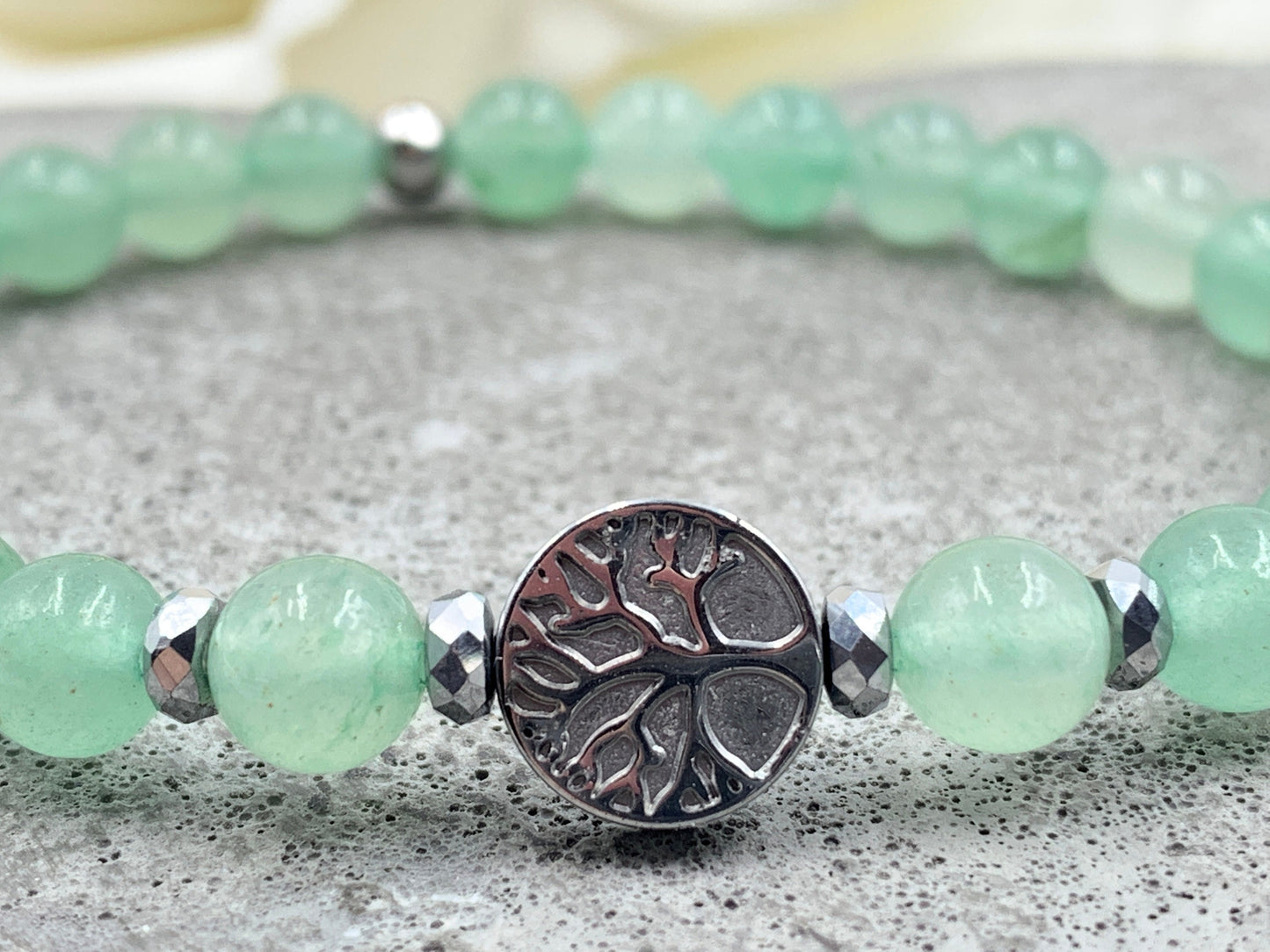 Perlenarmbaum Aventurin Lebensbaum Hämatit Dunkelsilber - Gunmetal Roségold Silber - spirituelles Armband Wachstum Ganzheit Erdung
