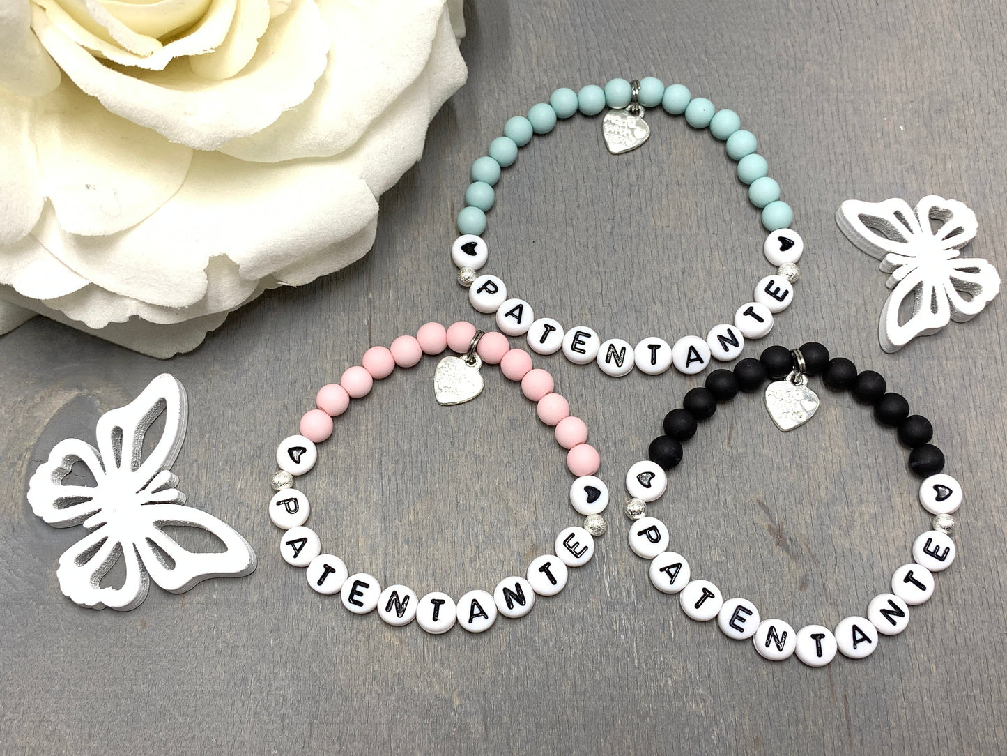 Armband Patentante Zartrosa Acrylperlen 6 mm - Geschenk Erinnerung Patenschaft und Taufe Taufgeschenk - viele Farben - Frage Patenschaft