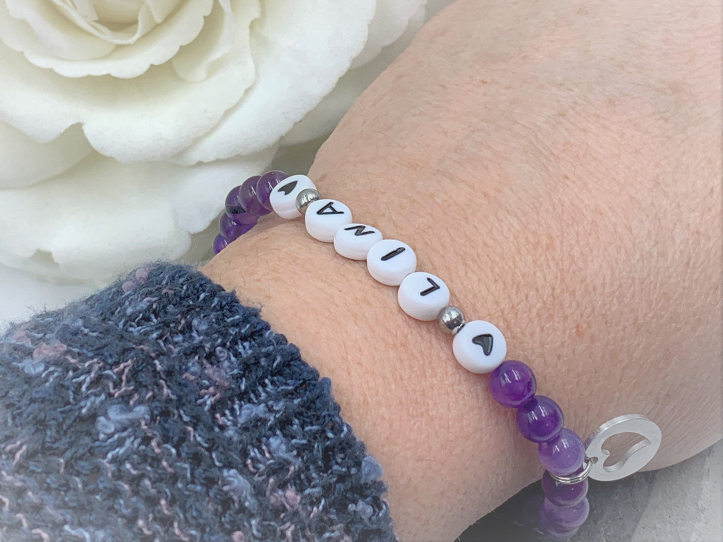Perlenarmband Amethyst echt mit Name - Geschenk Mama Geburt Liebe Andenken Lieblingsmensch Mädchenarmband - Wunschedelstein personalisierbar