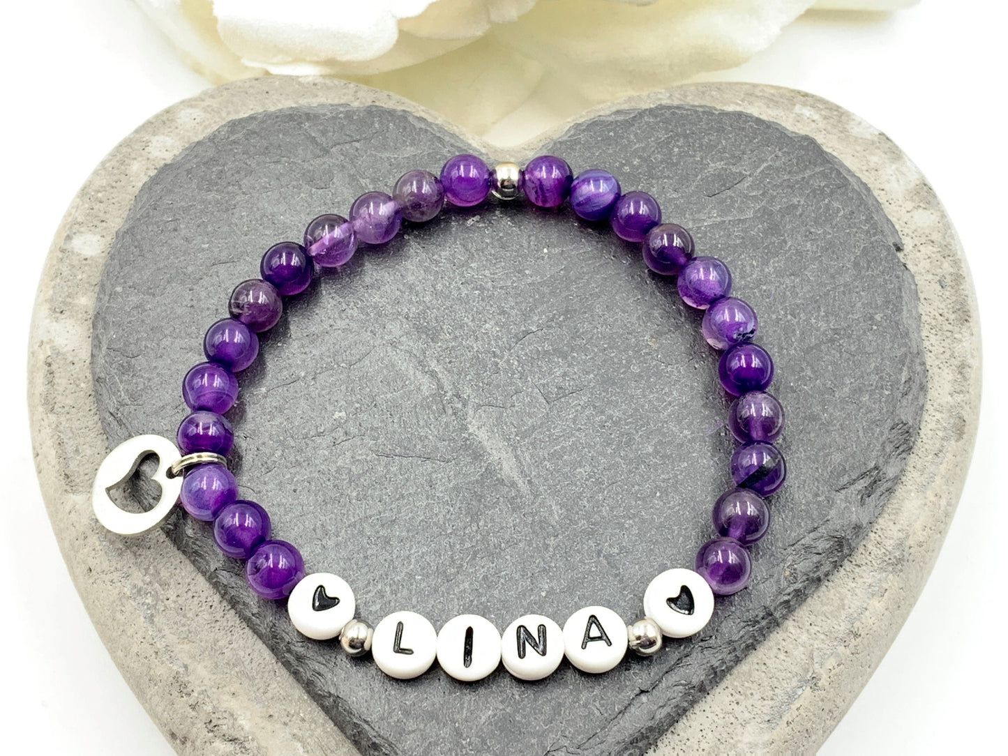 Perlenarmband Amethyst echt mit Name - Geschenk Mama Geburt Liebe Andenken Lieblingsmensch Mädchenarmband - Wunschedelstein personalisierbar