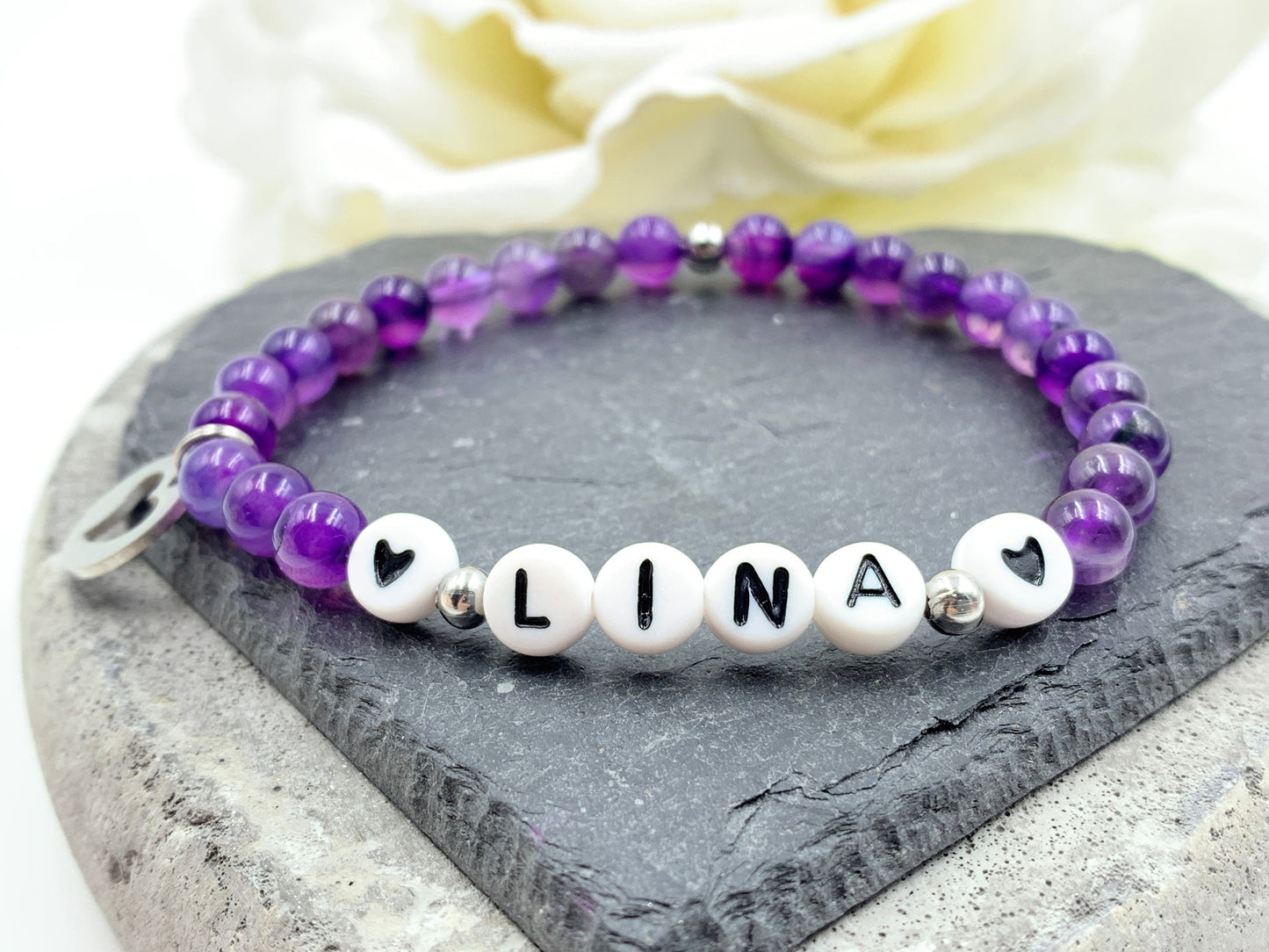 Perlenarmband Amethyst echt mit Name - Geschenk Mama Geburt Liebe Andenken Lieblingsmensch Mädchenarmband - Wunschedelstein personalisierbar