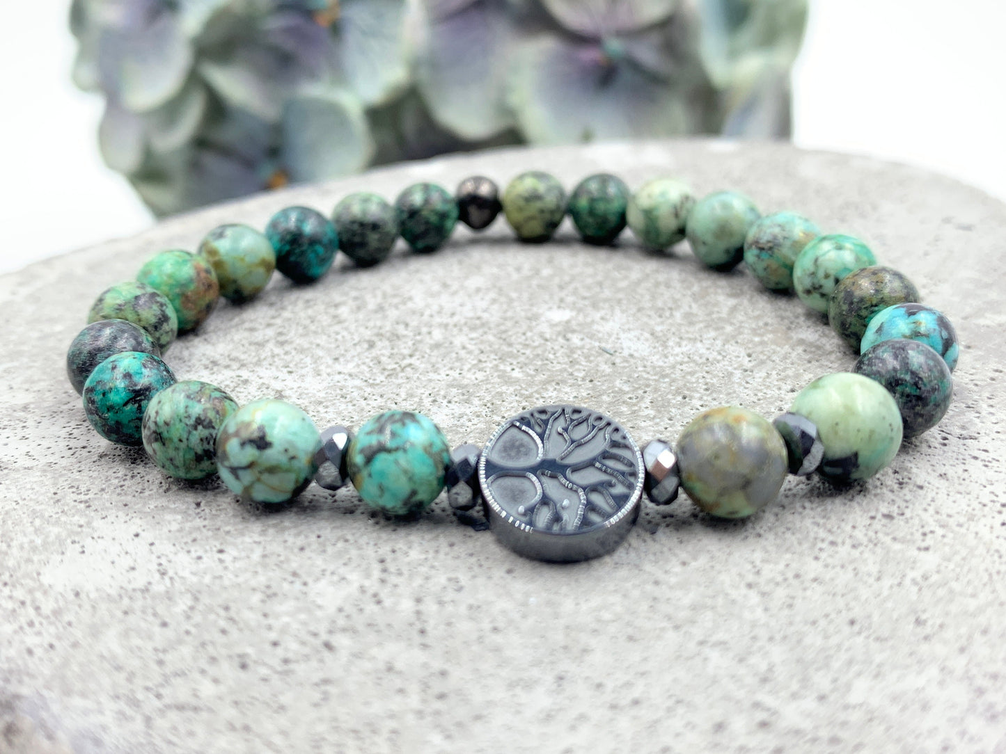 Armband Afrikanischer Türkis Lebensbaum Hämatit Dunkelsilber - Gunmetal Roségold Silber - spirituelles Armband Wachstum Ganzheit Erdung