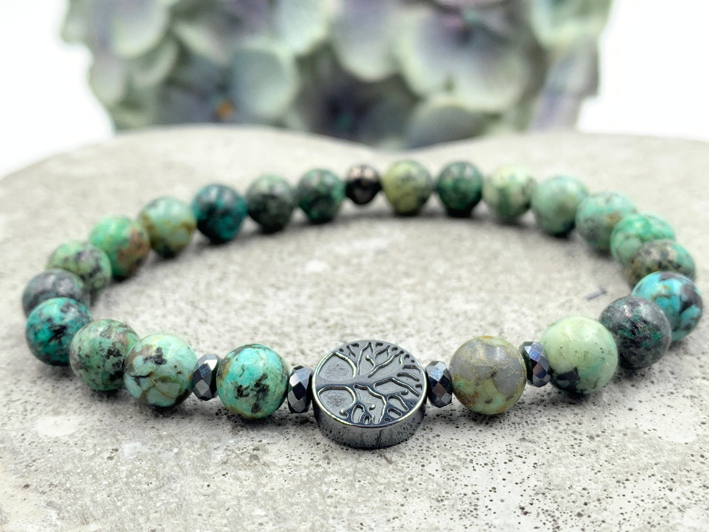 Armband Afrikanischer Türkis Lebensbaum Hämatit Dunkelsilber - Gunmetal Roségold Silber - spirituelles Armband Wachstum Ganzheit Erdung