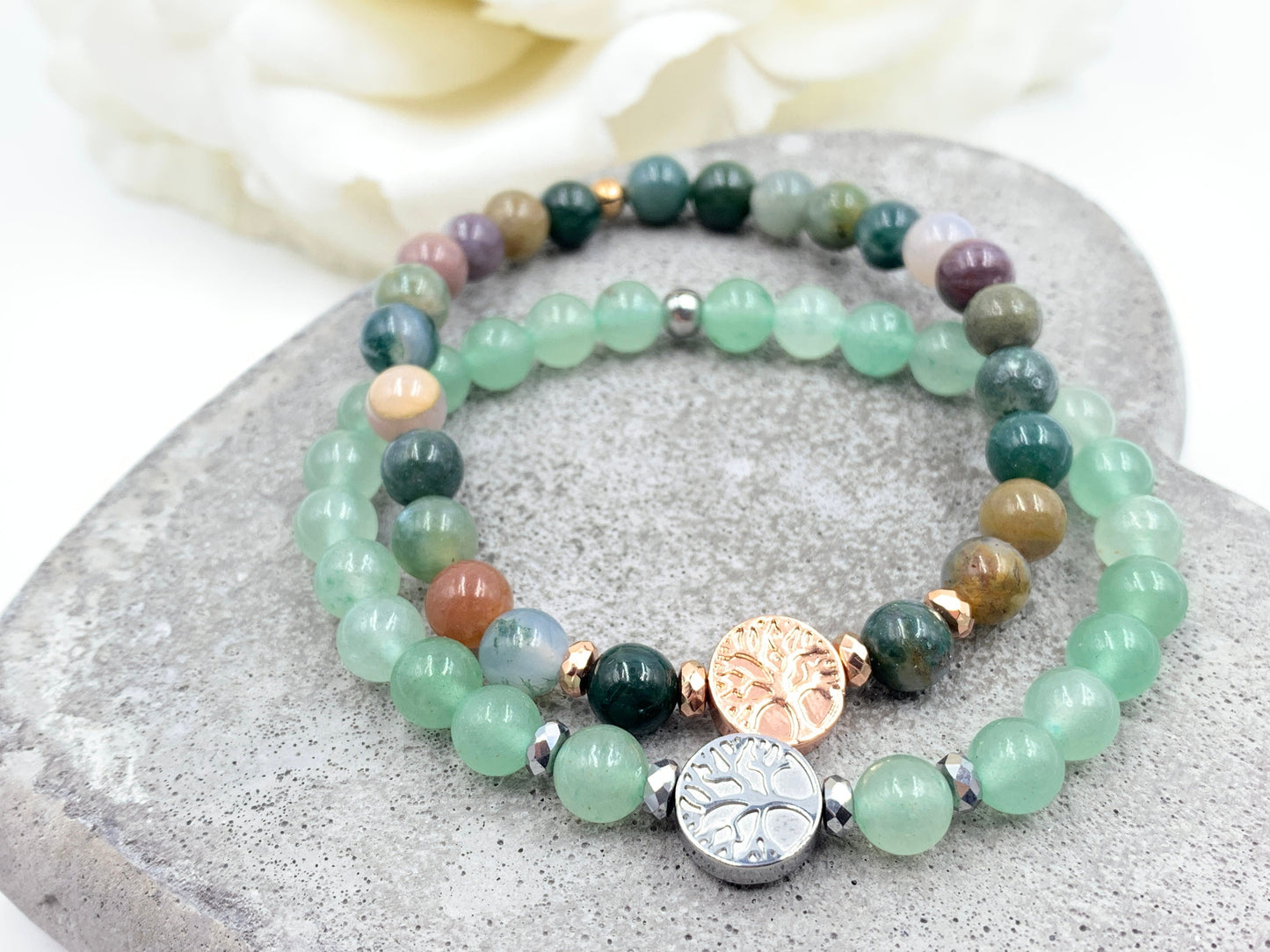Perlenarmbaum Aventurin Lebensbaum Hämatit Dunkelsilber - Gunmetal Roségold Silber - spirituelles Armband Wachstum Ganzheit Erdung