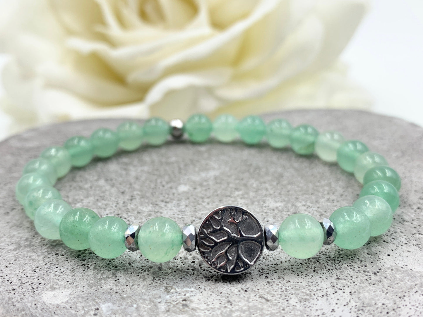 Perlenarmbaum Aventurin Lebensbaum Hämatit Dunkelsilber - Gunmetal Roségold Silber - spirituelles Armband Wachstum Ganzheit Erdung