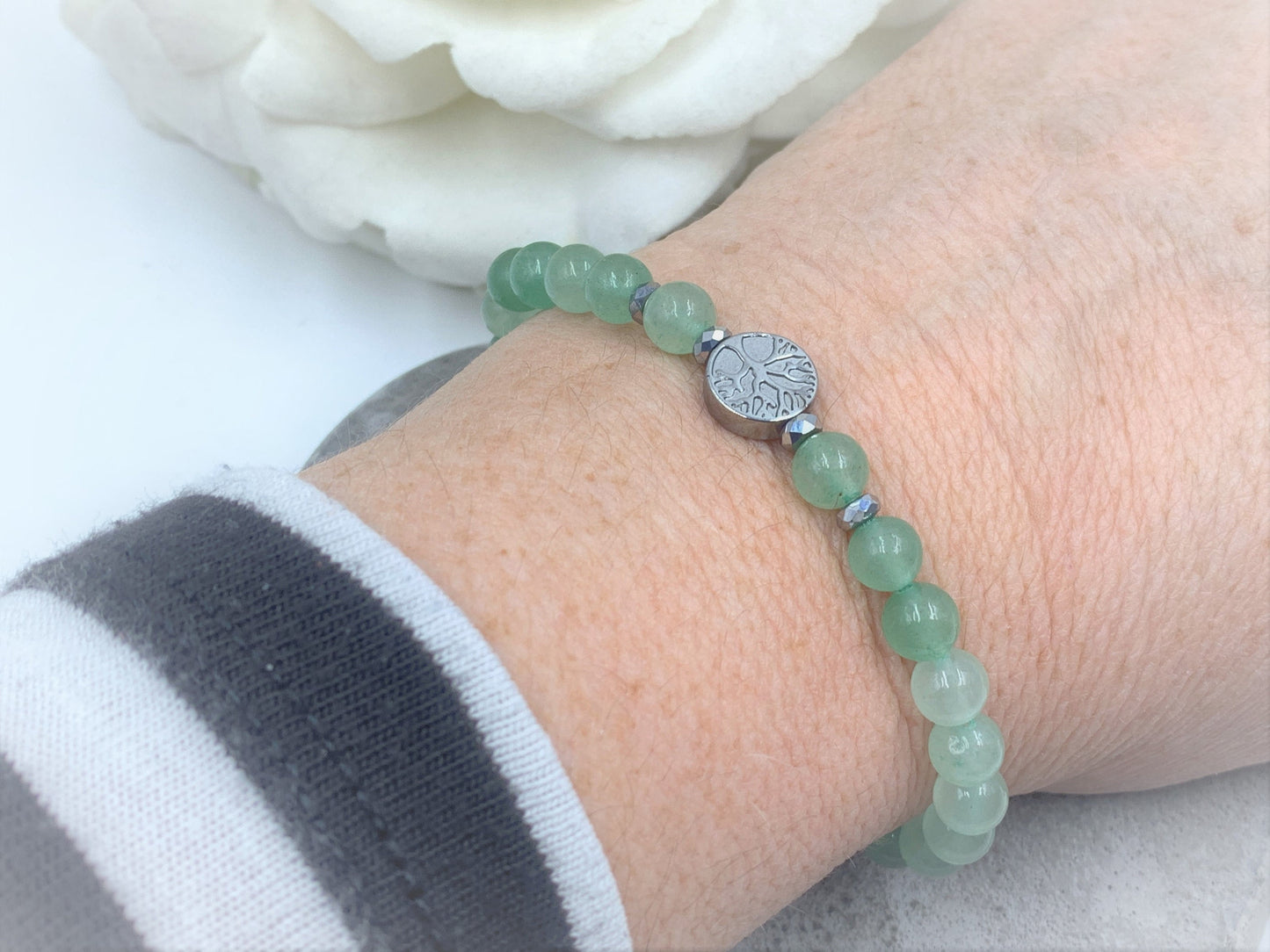 Perlenarmbaum Aventurin Lebensbaum Hämatit Dunkelsilber - Gunmetal Roségold Silber - spirituelles Armband Wachstum Ganzheit Erdung