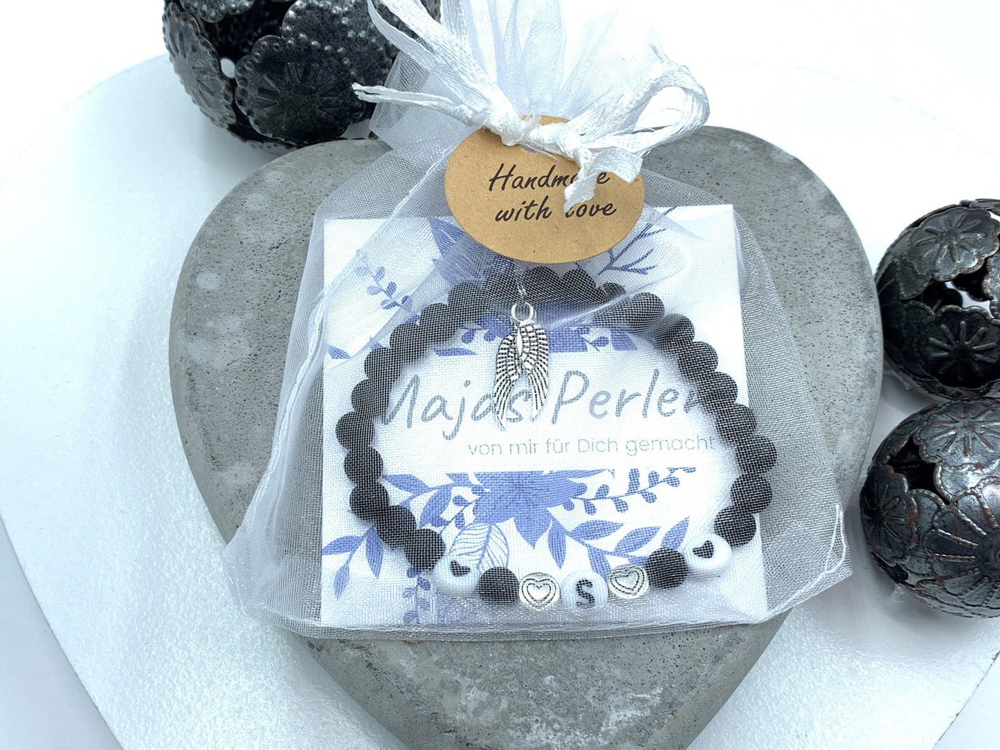 Perlenarmband Labradorit mit Namen - Herz DQ - Geschenk Geburt Mama Liebe Freundschaft Lieblingsmensch - personalisierbar Wunschedelstein