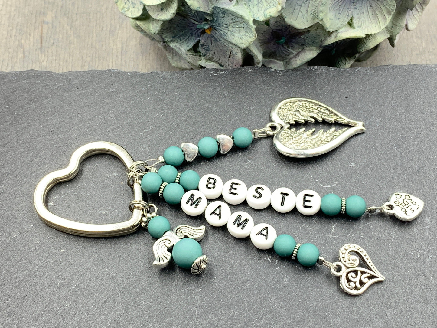 Schlüsselanhänger Beste Mama Perlen Acryl Dunkeltürkis - Geschenk Mutter Großmutter Geburt Liebe - personalisierbar echte Edelsteine möglich