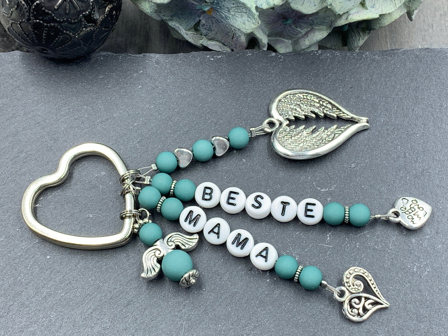 Schlüsselanhänger Beste Mama Perlen Acryl Dunkeltürkis - Geschenk Mutter Großmutter Geburt Liebe - personalisierbar echte Edelsteine möglich