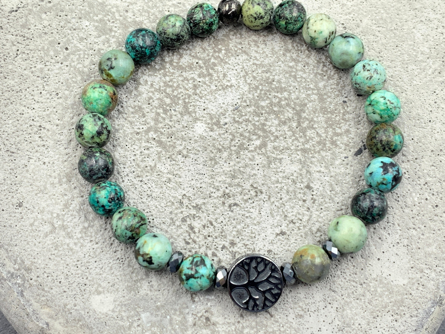 Armband Afrikanischer Türkis Lebensbaum Hämatit Dunkelsilber - Gunmetal Roségold Silber - spirituelles Armband Wachstum Ganzheit Erdung