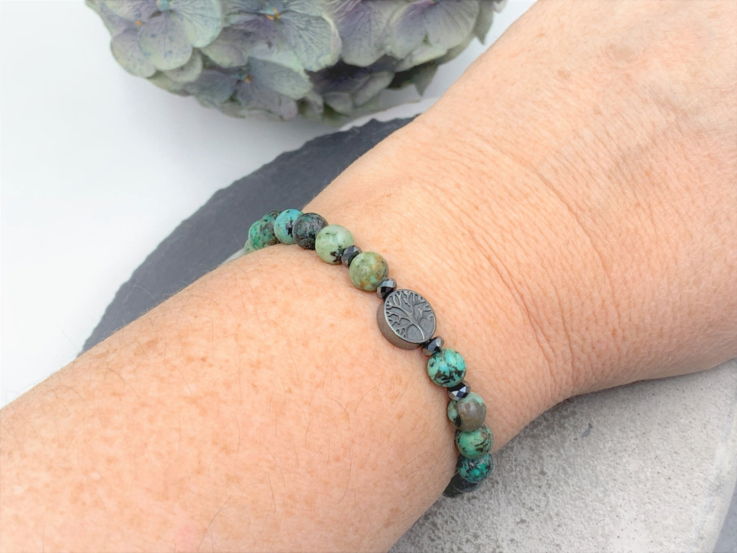 Armband Afrikanischer Türkis Lebensbaum Hämatit Dunkelsilber - Gunmetal Roségold Silber - spirituelles Armband Wachstum Ganzheit Erdung