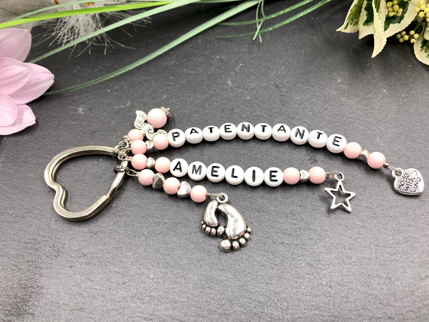 Schlüsselanhänger Patentante Acryl 6 mm Rosa - Edelsteine möglich - Willst du Patin werden? - Geschenk für Patenschaft und Taufe - anpassbar