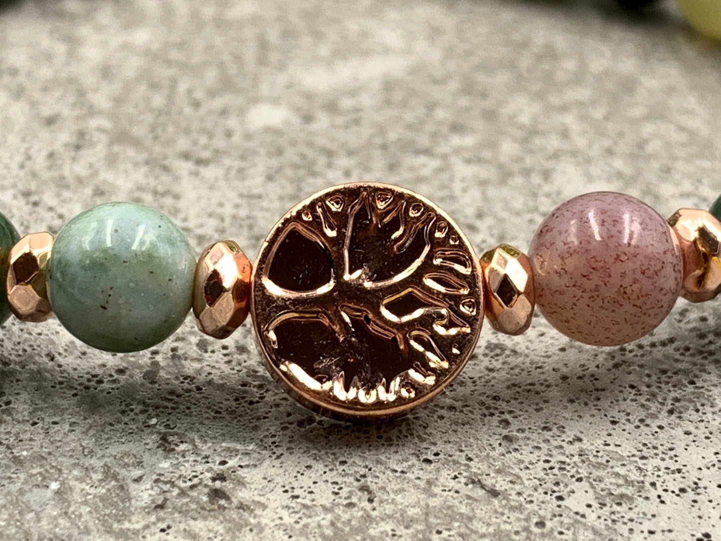 Perlenarmband Indischer Achat Lebensbaum Hämatit Roségold - Gunmetal Dunkelsilber Silber - spirituelles Armband Wachstum Ganzheit Erdung