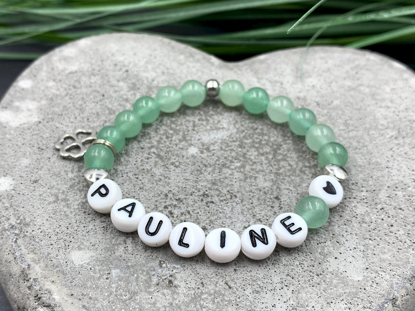 Perlenarmband Aventurin mit Name Herz platiniert - Geschenk Geburt Taufe Mama Namensarmband Freundschaft personalisierbar Wunschedelstein