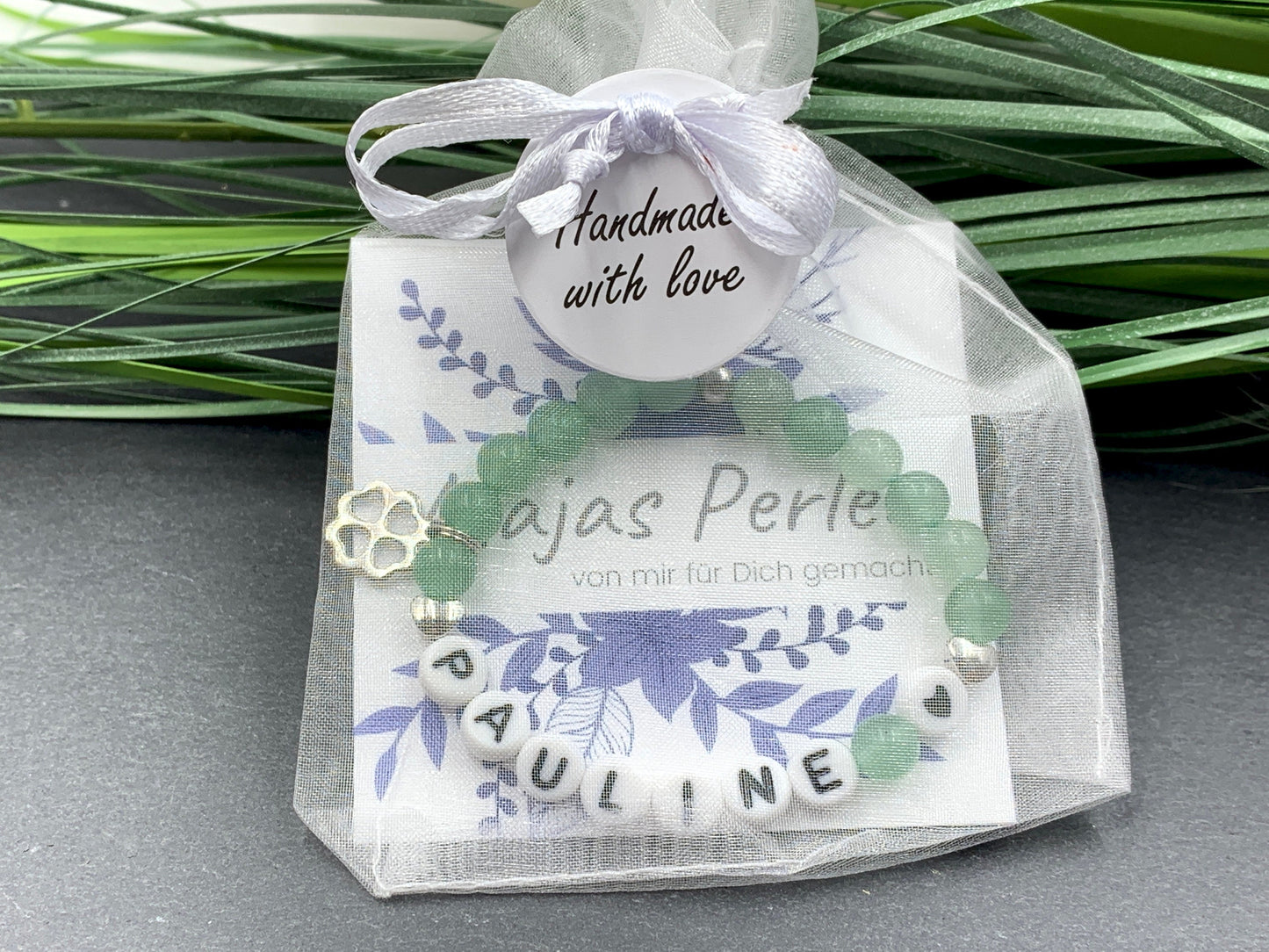 Perlenarmband Aventurin mit Name Herz platiniert - Geschenk Geburt Taufe Mama Namensarmband Freundschaft personalisierbar Wunschedelstein