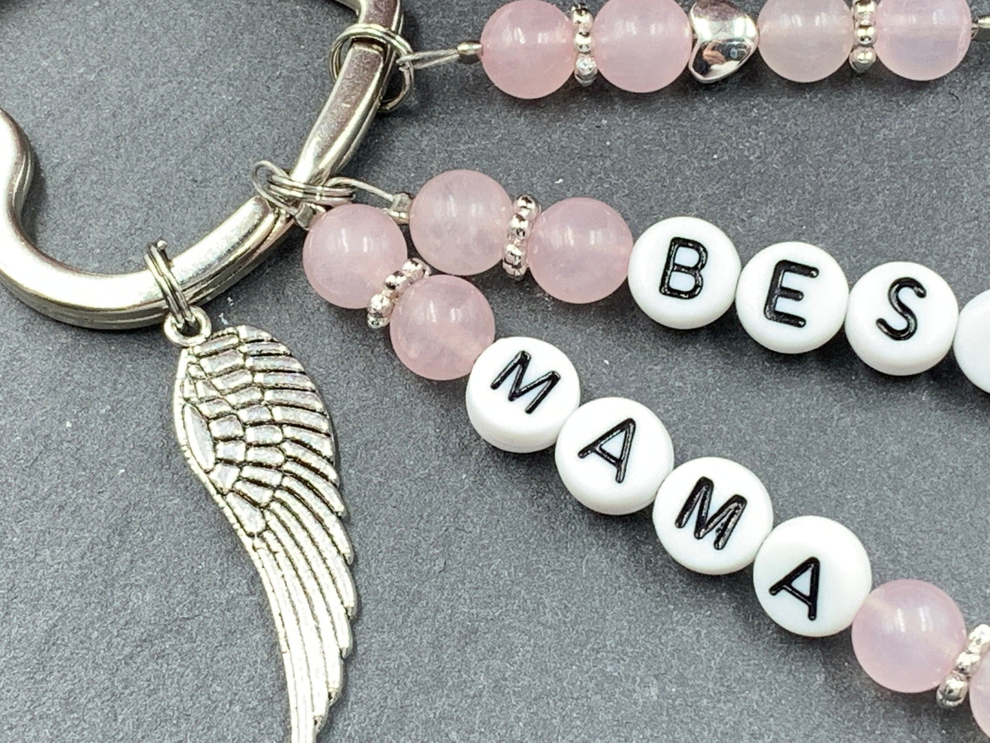 Schlüsselanhänger Beste Mama Rosenquarz echte Natursteine - Geschenk Mama Tante Oma Geburt Liebe - viele Edelsteine - personalisierbar