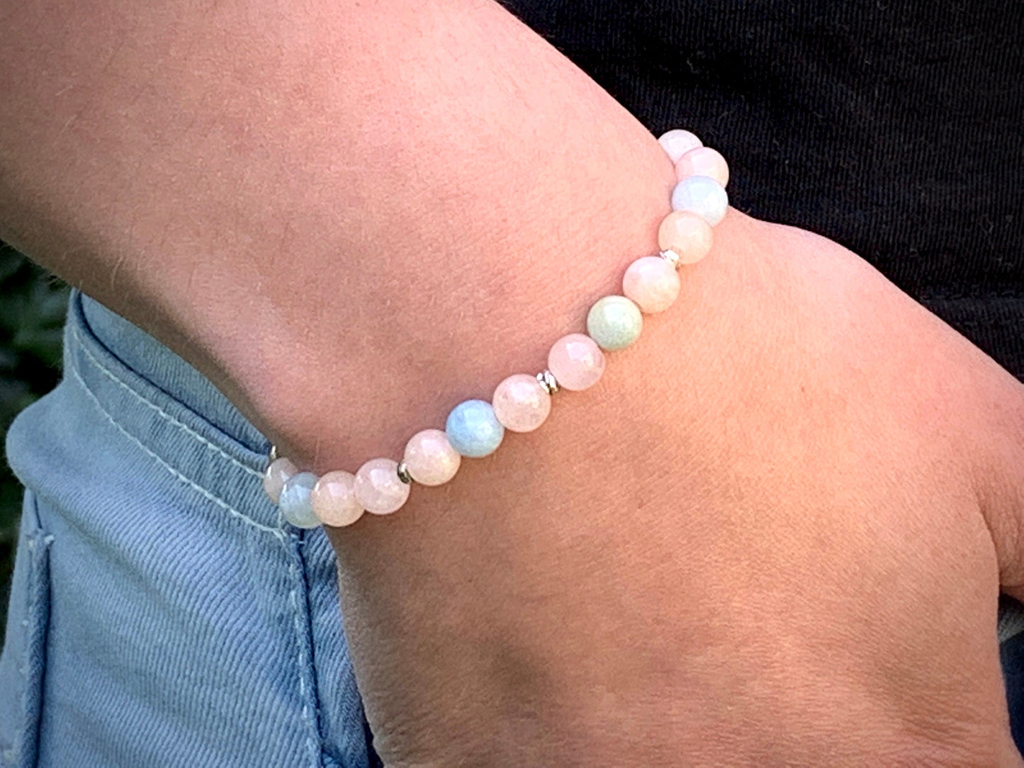 Perlenarmband Morganit echt 6mm - Facettenperlen echt Platiniert - spirituelles Armband Harmonie Liebe - Geschenk Freundin Lieblingsmensch