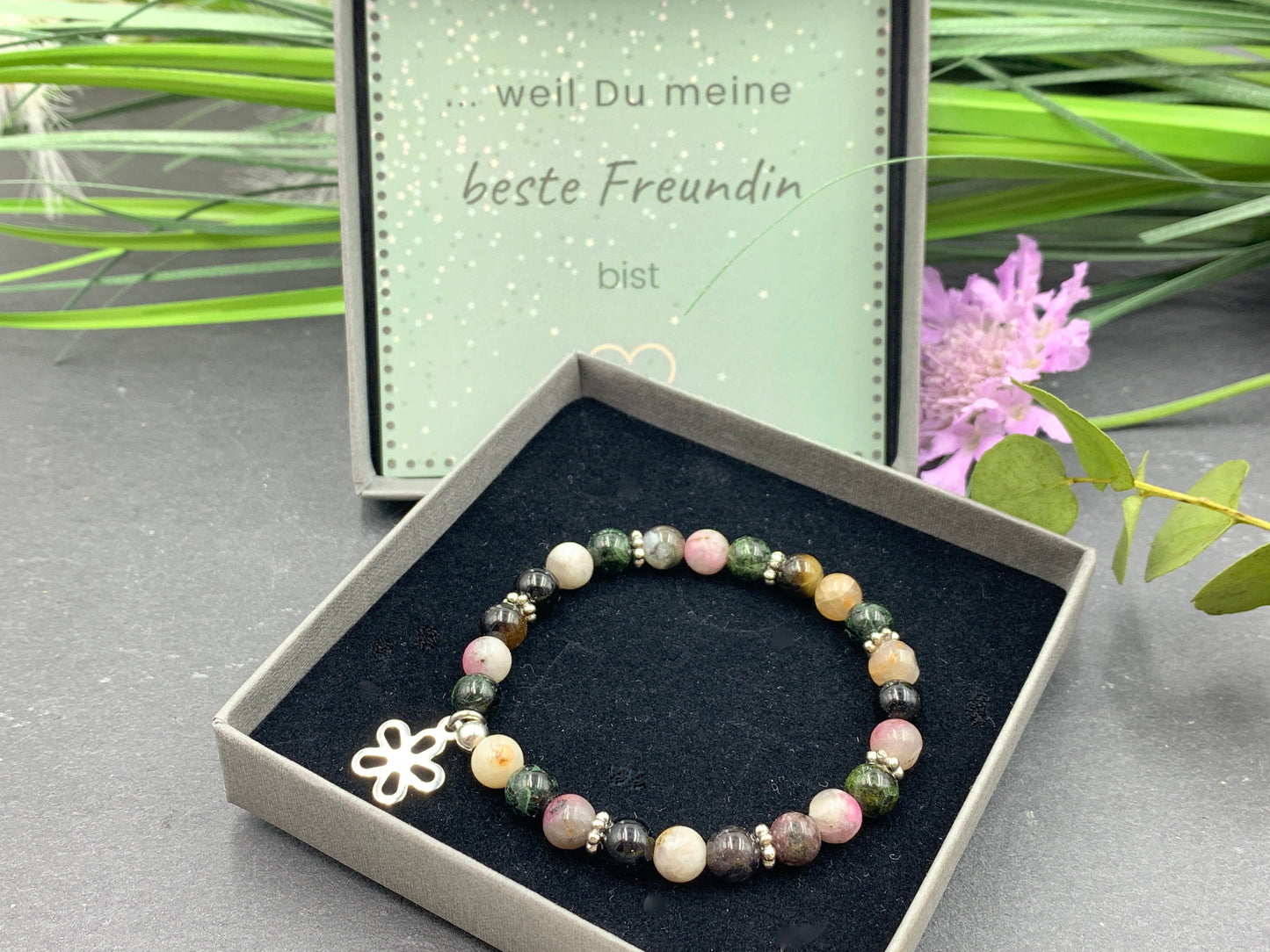 Perlenarmband Wassermelonen Turmalin echt Daisyperlen platiniert - spirituelles Armband - Geschenk Schutzstein Kraft Stärke Glück Liebe