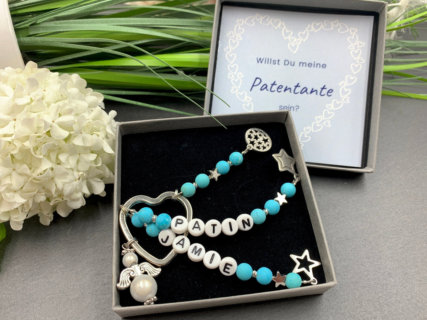 Schlüsselanhänger Patin und Name aus Türkis - Geschenk Frage Patenschaft Andenken Taufe Taufgeschenk - Edelsteine wählbar personalisierbar