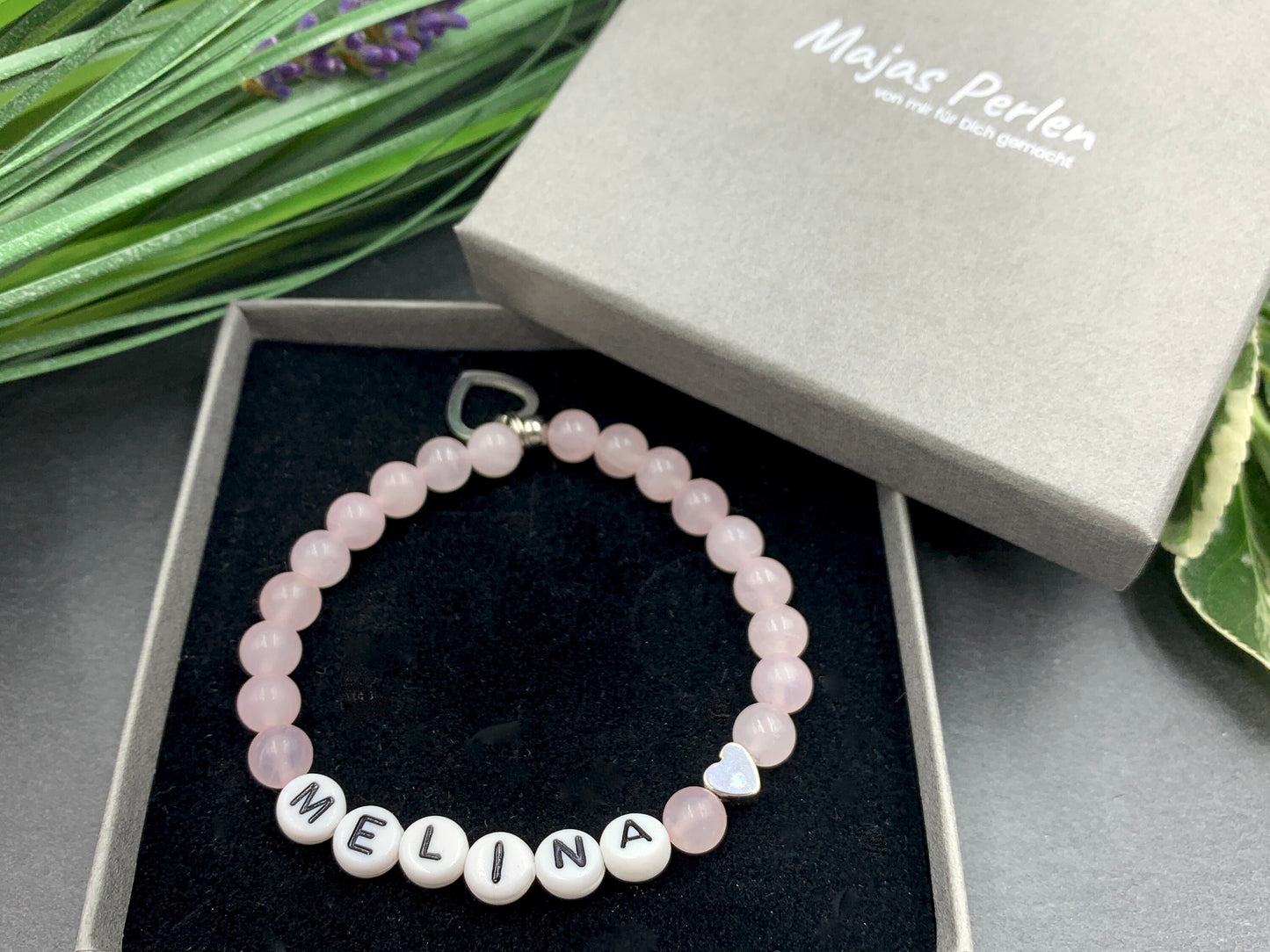 Rosenquarz Armband Name Melina - Herz Platiniert - Geschenk zur Geburt oder Taufe, Rosenquarzarmband personalisiert Mädchenarmband