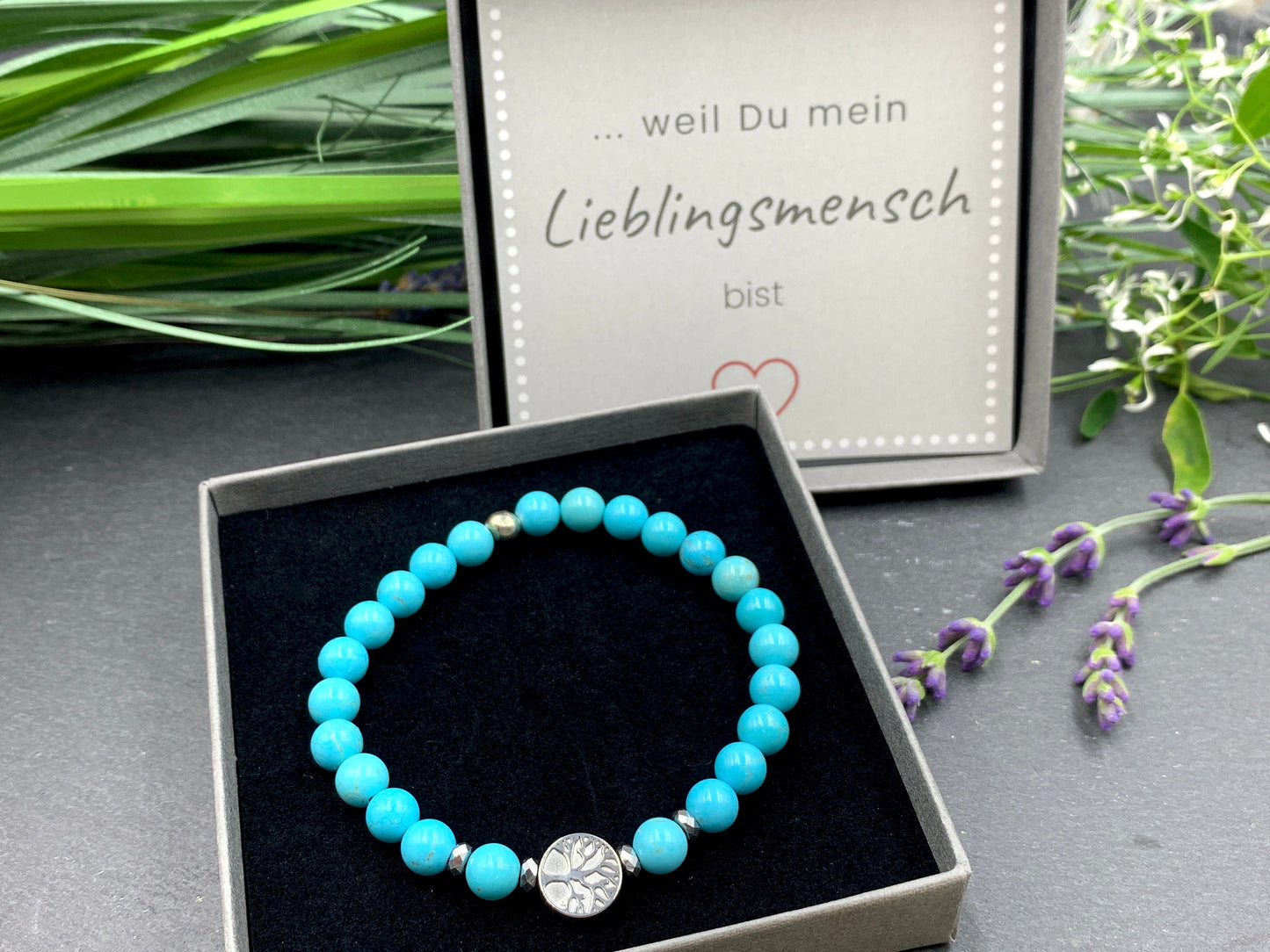 Armband Lebensbaum Türkis Hämatit - Geburtsstein Dezember - Perlen 6 mm - Rosenquarz Amazonit Granat uvm. - Geschenk Liebe Mama Geburtstag