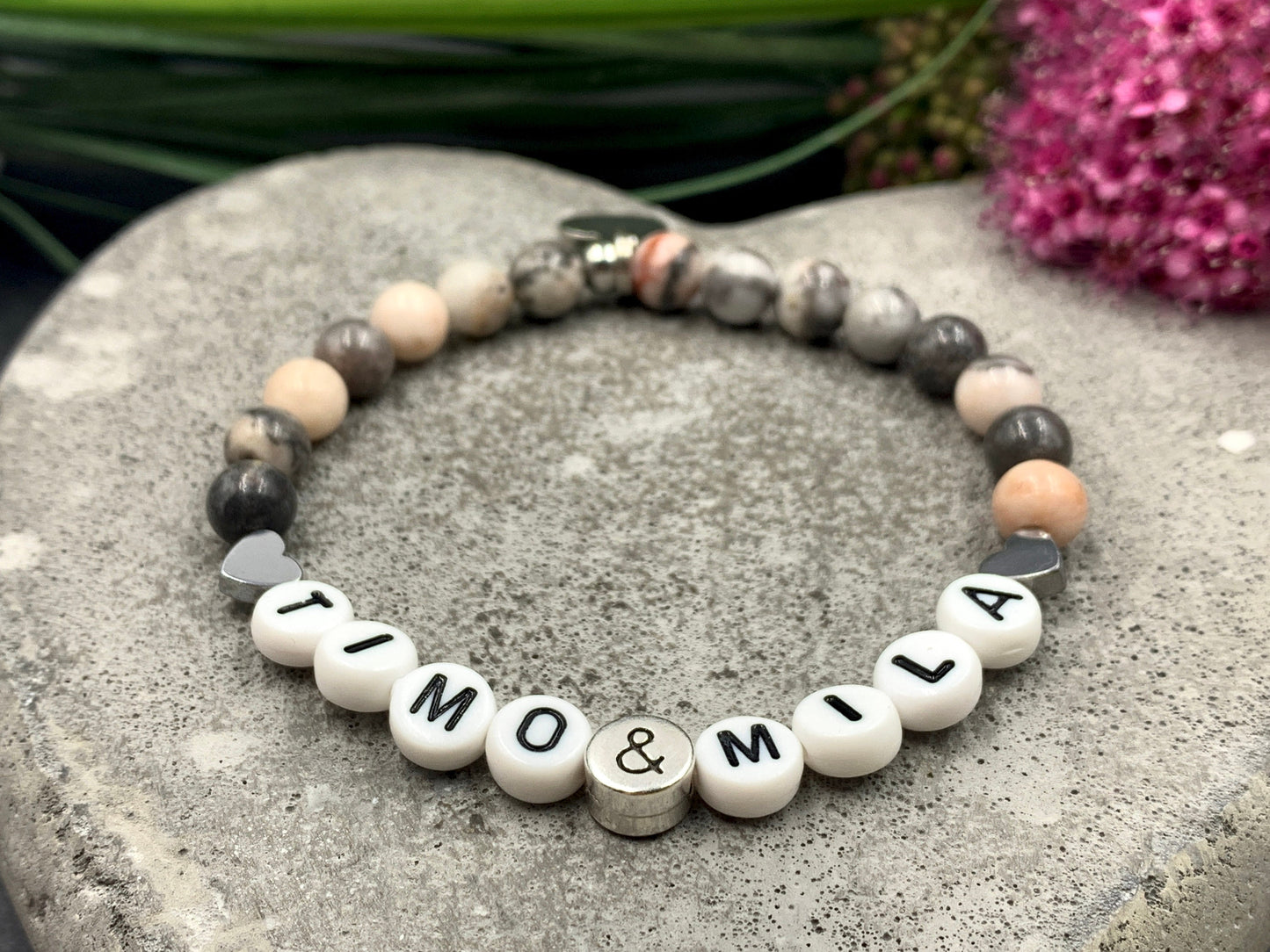 Armband Amazonit Mama und Kindername - Herzen Hämatit - Geschenk Schwangerschaft Baby Geburt Perlenarmband personalisierbar div. Edelsteine