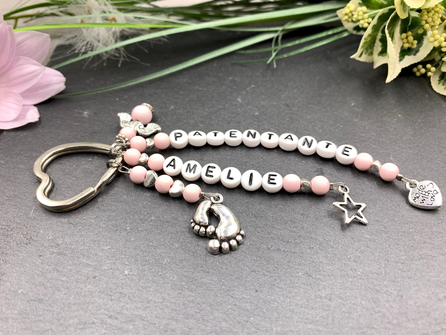 Schlüsselanhänger Patentante Acryl 6 mm Rosa - Edelsteine möglich - Willst du Patin werden? - Geschenk für Patenschaft und Taufe - anpassbar