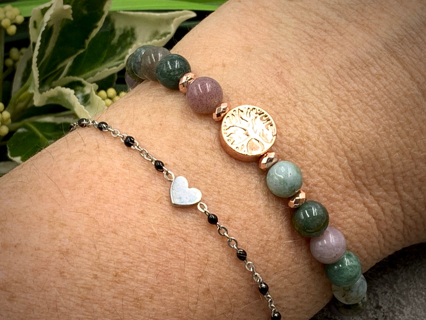 Perlenarmband Indischer Achat Lebensbaum Hämatit Roségold - Gunmetal Dunkelsilber Silber - spirituelles Armband Wachstum Ganzheit Erdung