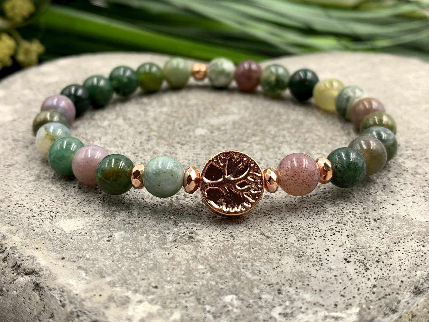 Perlenarmband Indischer Achat Lebensbaum Hämatit Roségold - Gunmetal Dunkelsilber Silber - spirituelles Armband Wachstum Ganzheit Erdung
