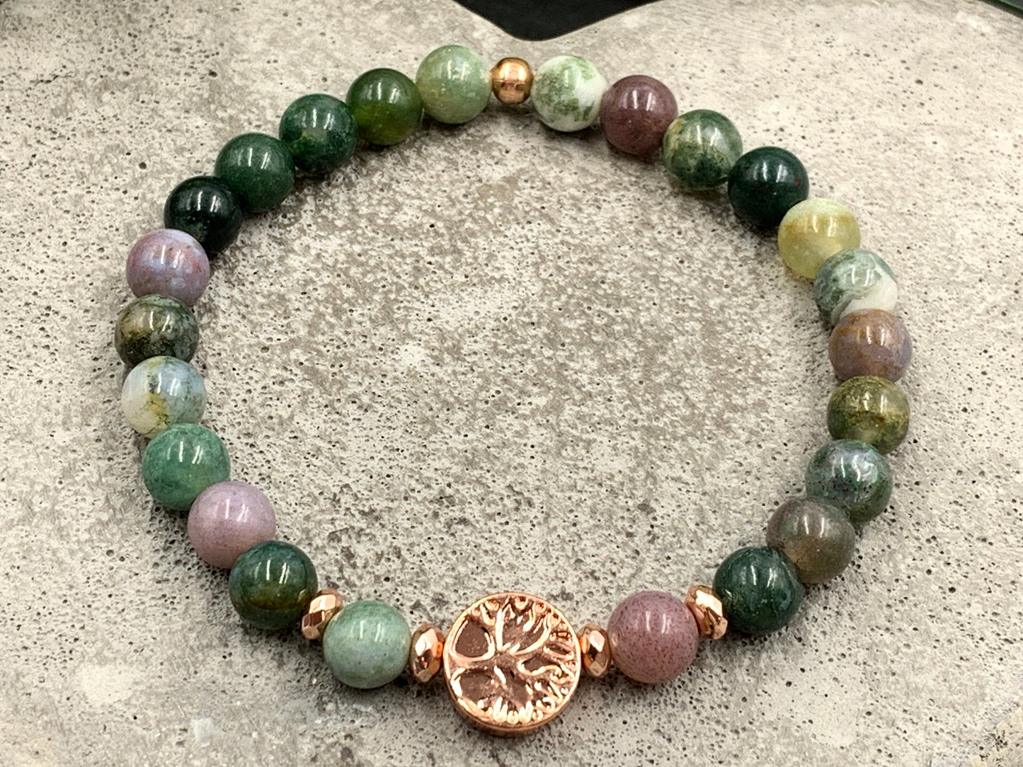 Perlenarmband Indischer Achat Lebensbaum Hämatit Roségold - Gunmetal Dunkelsilber Silber - spirituelles Armband Wachstum Ganzheit Erdung