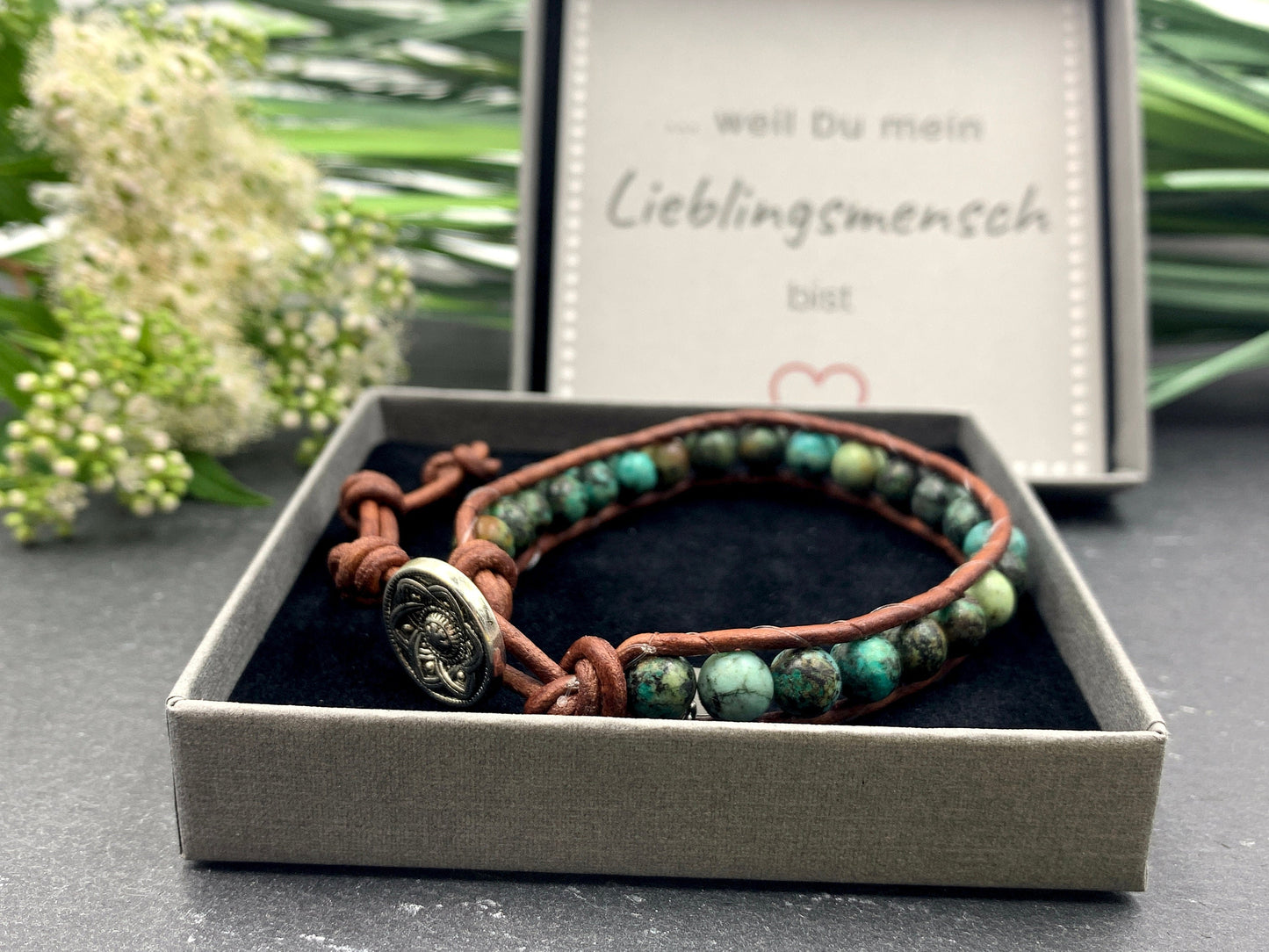Wickelarmband Afrikanischer Türkis und Leder Vintagestill - Bohoarmband Festivalstil - viele Edelsteine möglich - Geschenk Perlenarmband