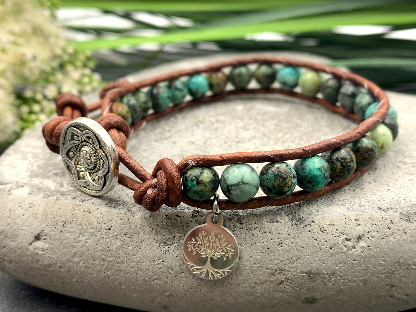 Wickelarmband Afrikanischer Türkis und Leder Vintagestill - Bohoarmband Festivalstil - viele Edelsteine möglich - Geschenk Perlenarmband