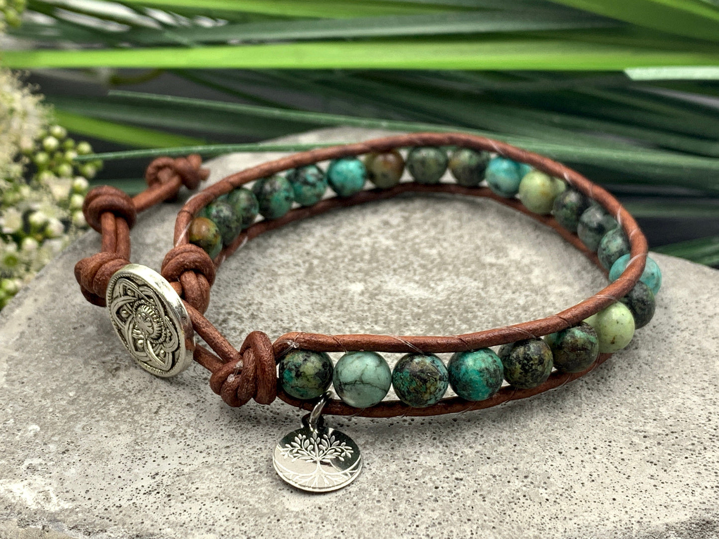 Wickelarmband Afrikanischer Türkis und Leder Vintagestill - Bohoarmband Festivalstil - viele Edelsteine möglich - Geschenk Perlenarmband