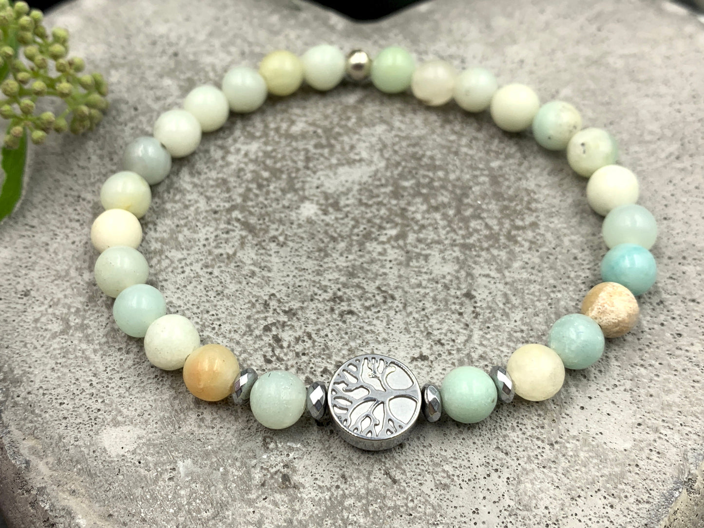 Perlenarmband Amazonit Lebensbaum Hämatit Silber - Gunmetal Dunkelsilber Roségold- spirituelles Armband Wachstum Ganzheit - personalisierbar