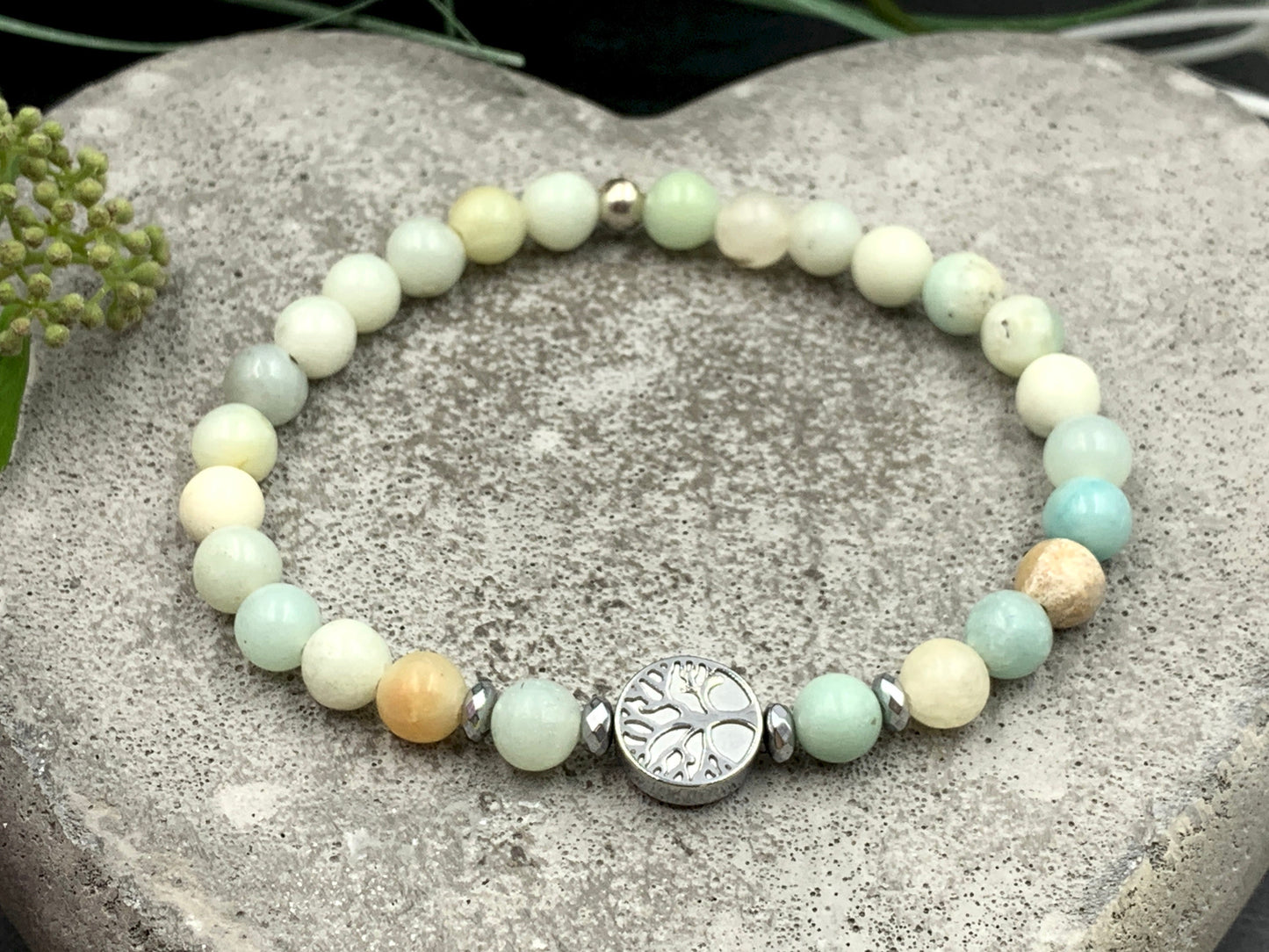 Perlenarmband Amazonit Lebensbaum Hämatit Silber - Gunmetal Dunkelsilber Roségold- spirituelles Armband Wachstum Ganzheit - personalisierbar