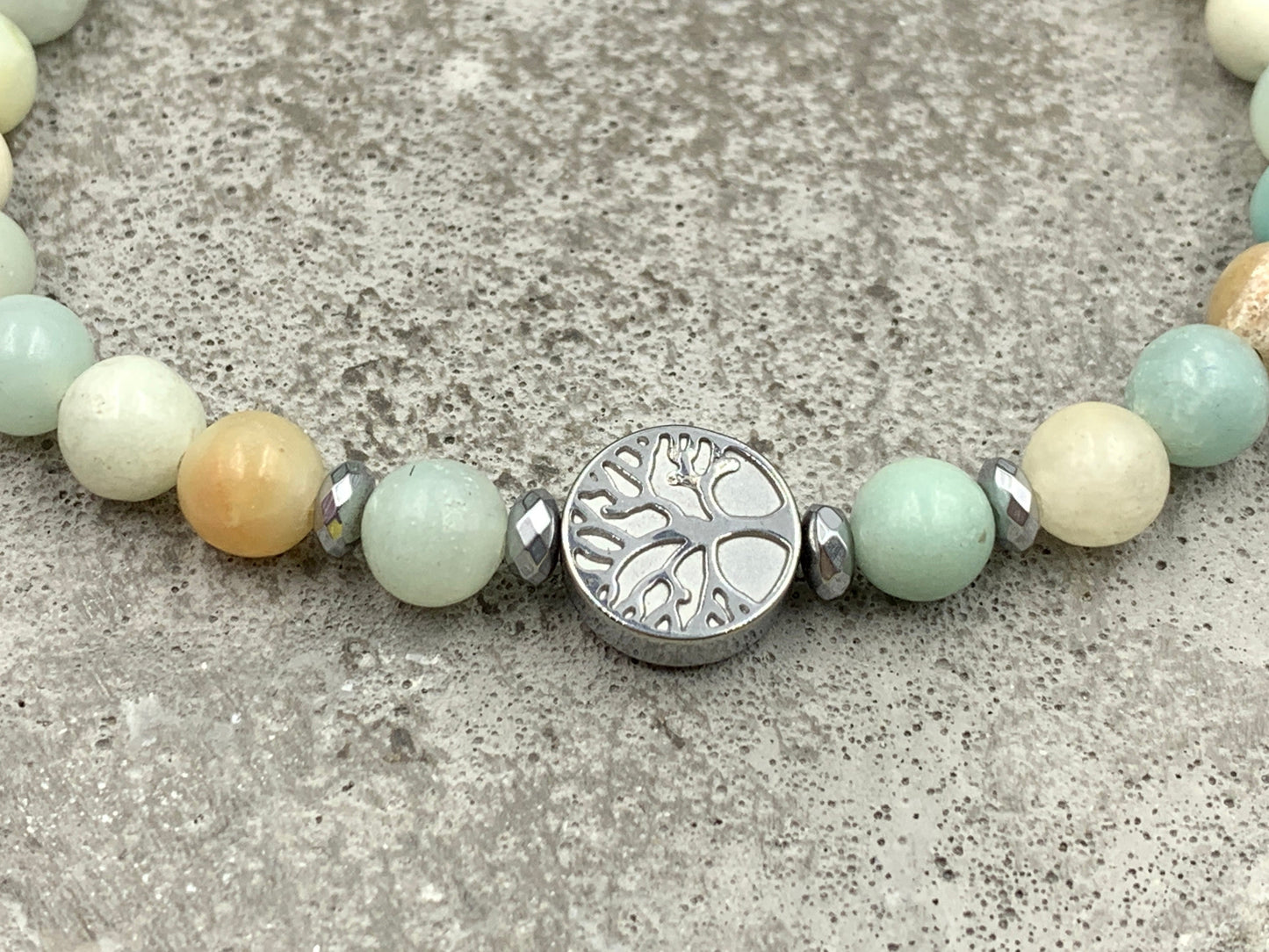 Perlenarmband Amazonit Lebensbaum Hämatit Silber - Gunmetal Dunkelsilber Roségold- spirituelles Armband Wachstum Ganzheit - personalisierbar