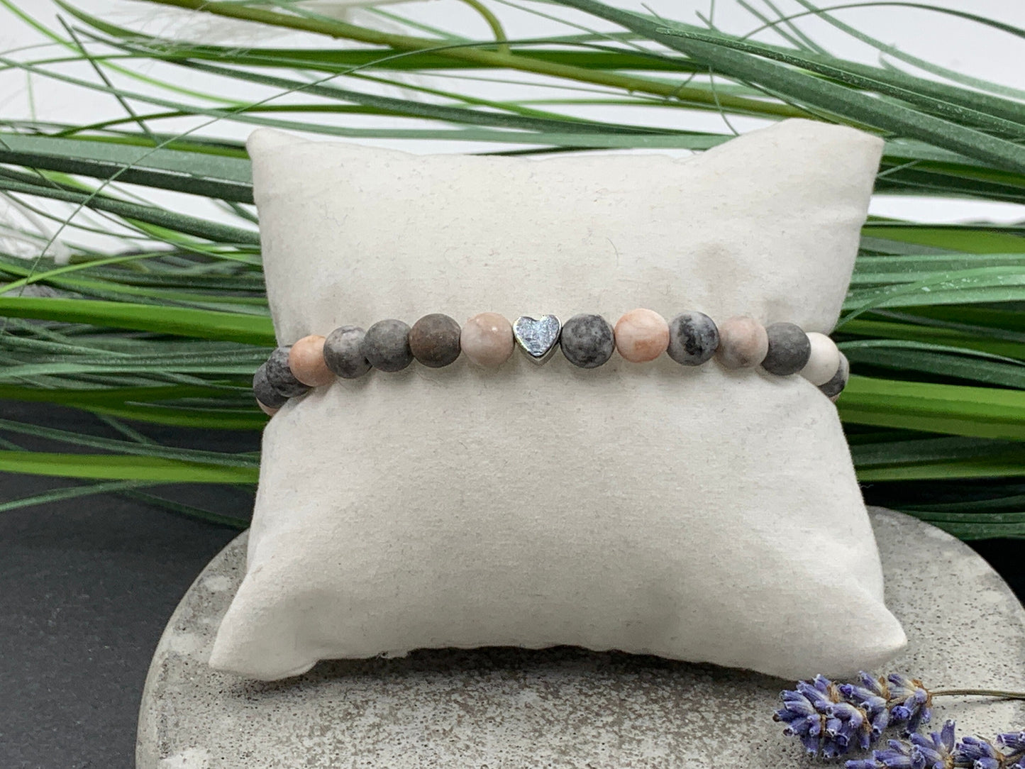 Perlenarmband Zebra Jaspis echter Naturstein - Herz Platiniert - Geschenk Mama Liebe Geburtstag - verschiedene Edelsteine wählbar