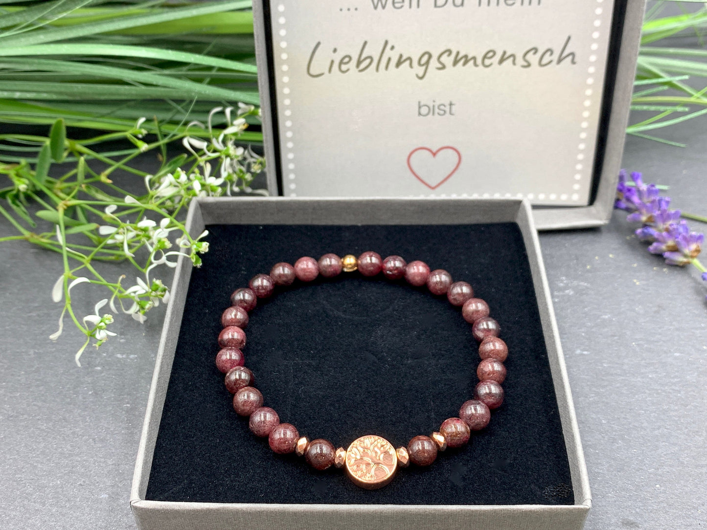 Perlenarmband Granat Lebensbaum Hämatit Roségold - Gunmetal Dunkelsilber Silber - spirituelles Armband Wachstum Ganzheit - personalisierbar
