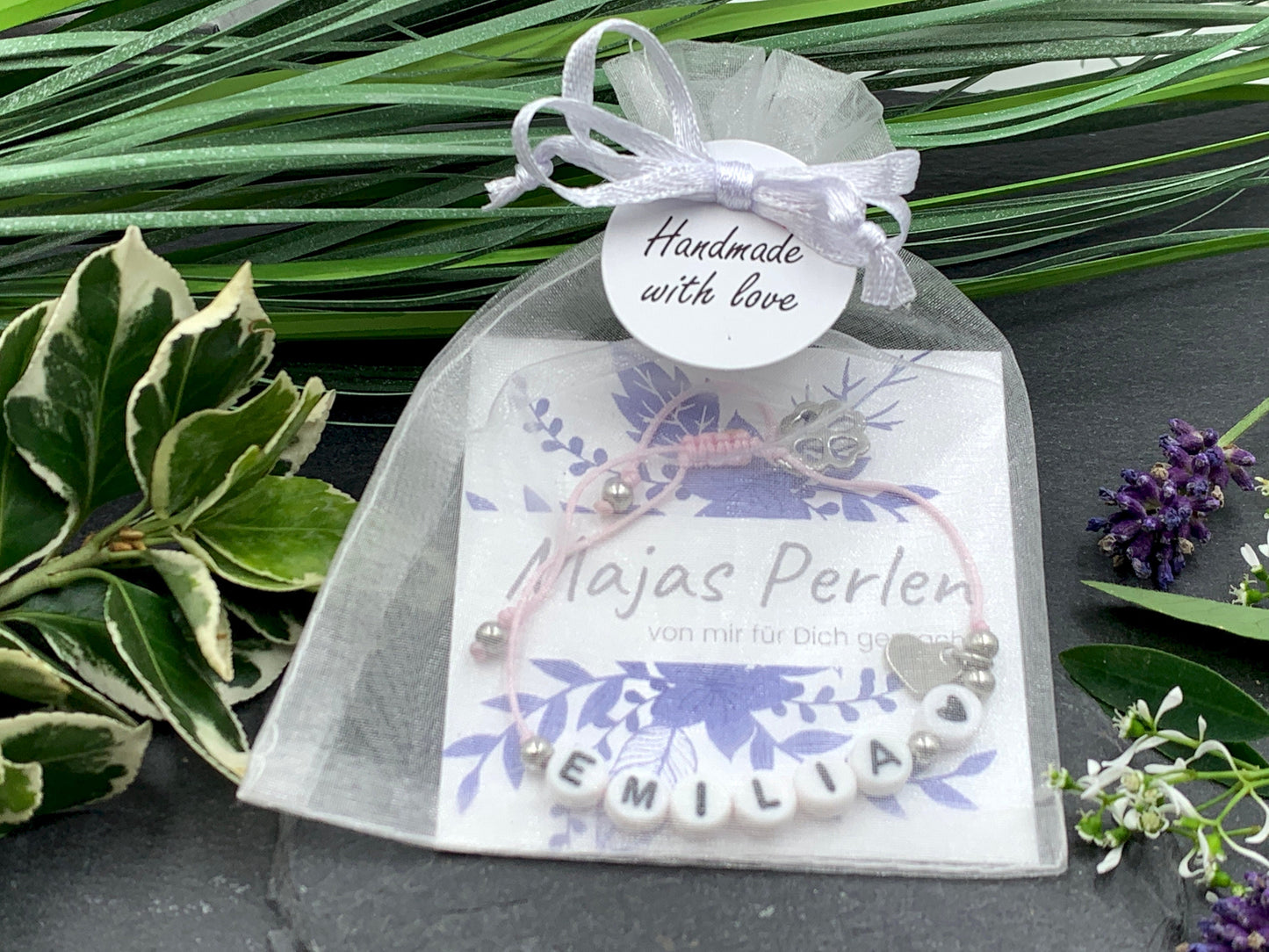 Armband Makramee Emilia Rosa Perlen Edelstahl Größe einstellbar - Geschenk Mädchen Kinderarmband Namensarmband Lieblingsmensch viele Farben