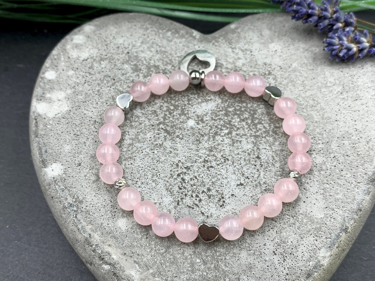 Armband Rosenquarz echt Herzen Platiniert - Geschenk Liebe Freundin Herz- verschiedene Edelsteine - personalierbar