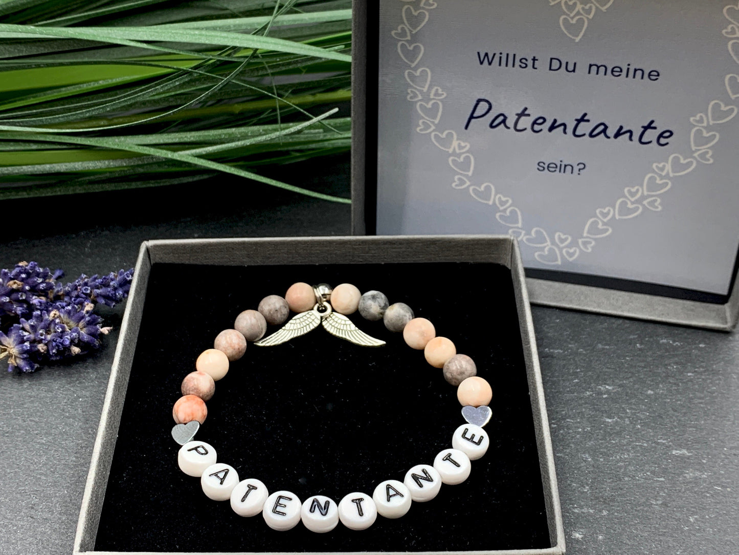 Armband Patentante Zebra Jaspis - Geschenk Patenschaft Andenken Taufe Erinnerungsarmband Taufe - Wunschedelstein - personalisiertbar