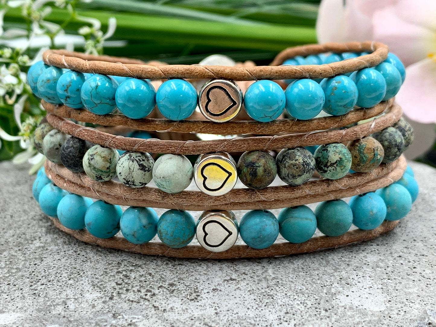 Armband gewickelt Türkis und Leder - Bohoarmband gewickelt - Geschenk Mama beste Freundin Geburtstag - Edelstein wählbar