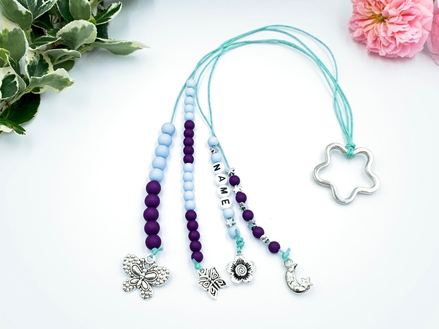 Rechenkette Mädchen Zählkette Hellblau Violett mit Name wahlweise ABC - Geschenk Einschulung erster Schultag - Rechenhilfe 20 Grundschule