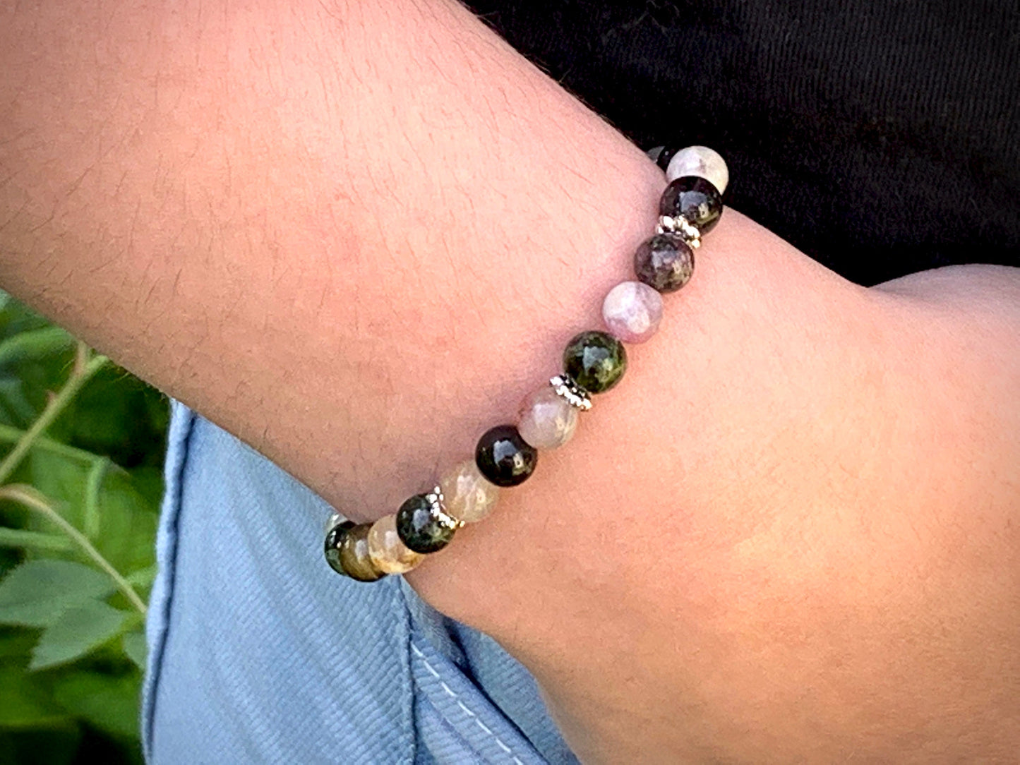 Perlenarmband Wassermelonen Turmalin echt Daisyperlen platiniert - spirituelles Armband - Geschenk Schutzstein Kraft Stärke Glück Liebe
