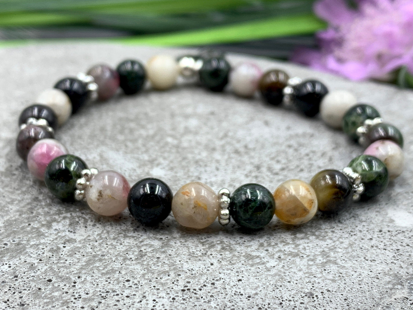 Perlenarmband Wassermelonen Turmalin echt Daisyperlen platiniert - spirituelles Armband - Geschenk Schutzstein Kraft Stärke Glück Liebe